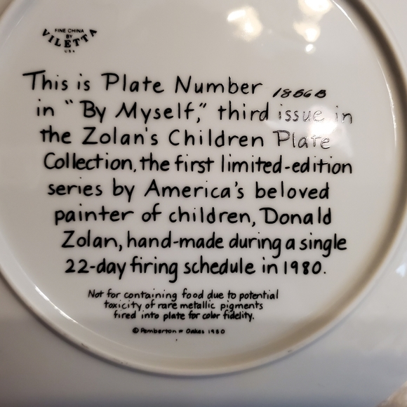 1980 "By Myself" 3rd in the Zolan's Children Plate Collection - Picture 3 of 4
